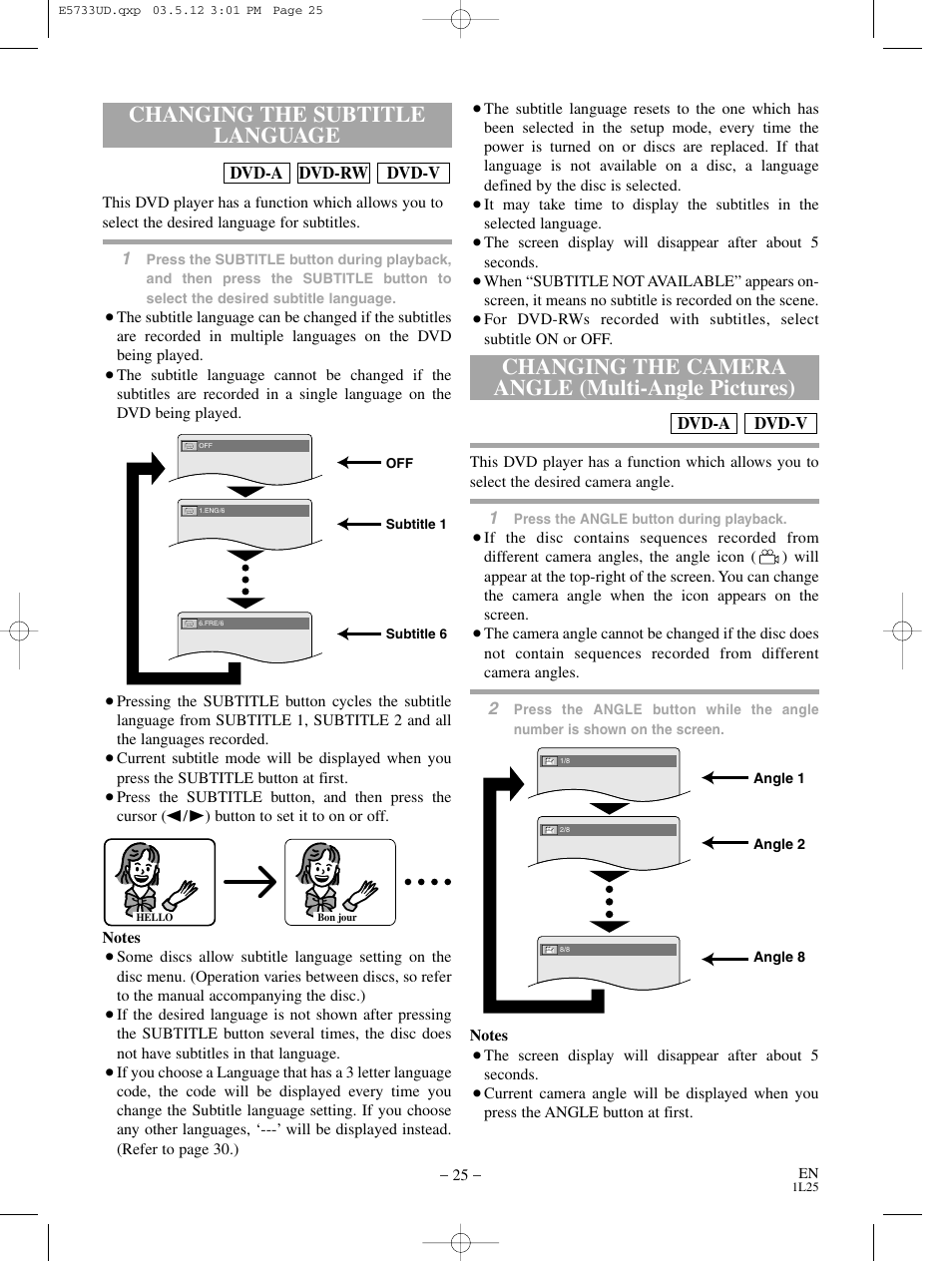 Changing the camera angle (multi-angle pictures), Changing the subtitle language | MITSUBISHI ELECTRIC DD-8040 User Manual | Page 25 / 40