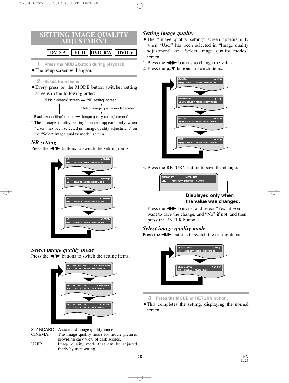 Setting image quality adjustment, Setting image quality, Select image quality mode | Nr setting, Dvd-v dvd-rw vcd dvd-a, Press the s/b buttons to switch the setting items, Displayed only when the value was changed, The setup screen will appear | MITSUBISHI ELECTRIC DD-8040 User Manual | Page 28 / 40