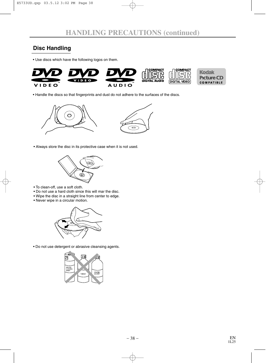 Handling precautions (continued), Disc handling | MITSUBISHI ELECTRIC DD-8040 User Manual | Page 38 / 40