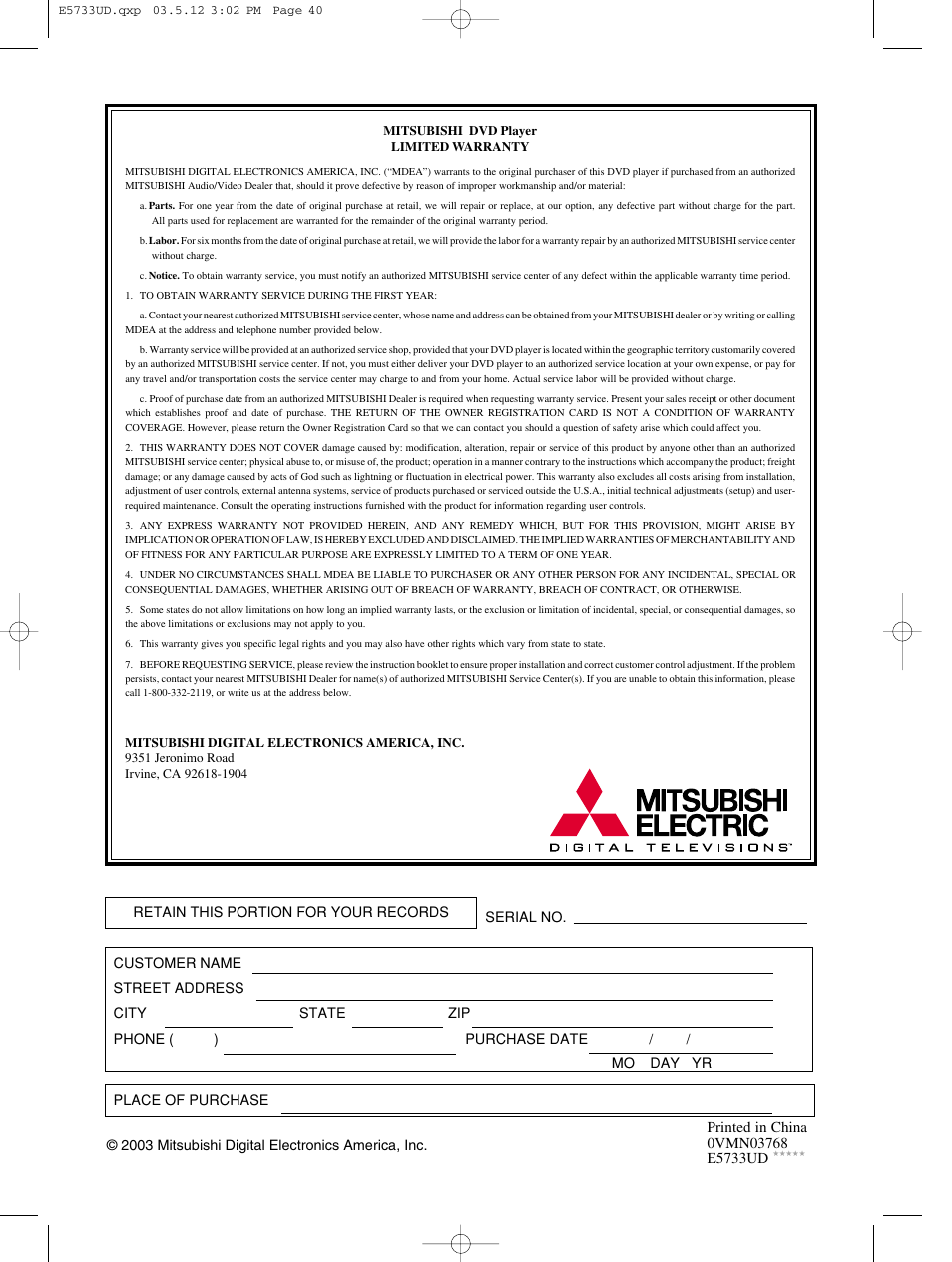 MITSUBISHI ELECTRIC DD-8040 User Manual | Page 40 / 40