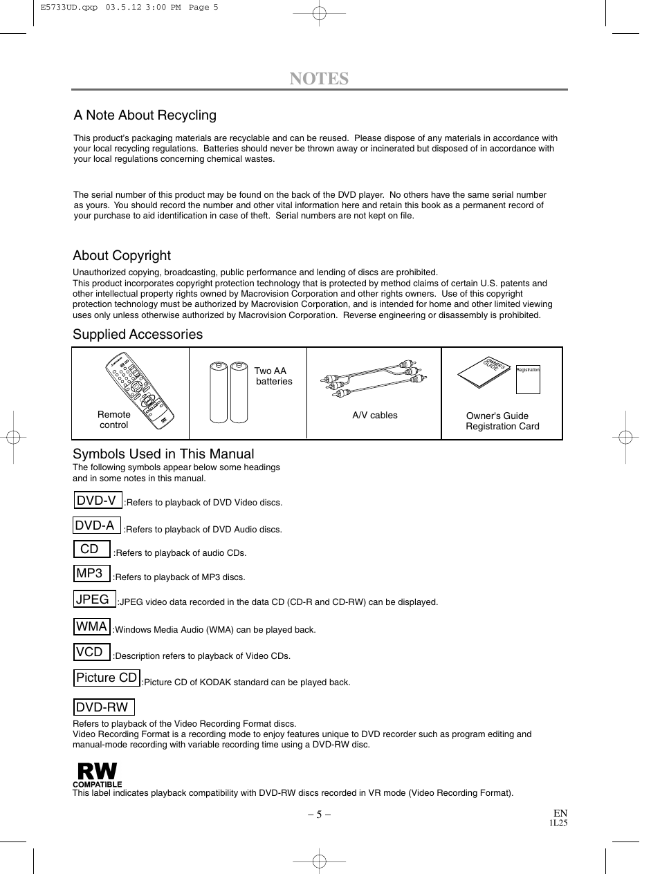 About copyright, Supplied accessories, Symbols used in this manual | Dvd-v, Cd mp3 vcd, Dvd-rw, Dvd-a, Jpeg, Wma picture cd | MITSUBISHI ELECTRIC DD-8040 User Manual | Page 5 / 40