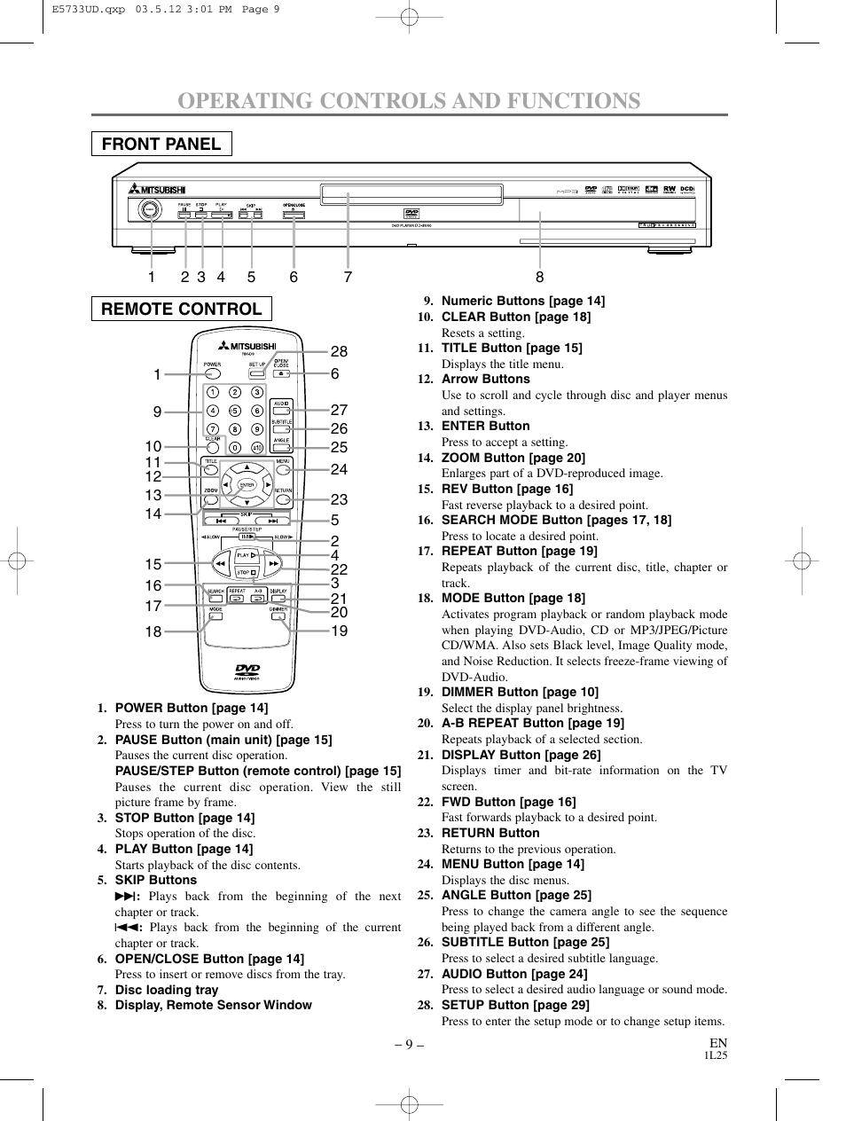 Operating controls and functions, Front panel remote control | MITSUBISHI ELECTRIC DD-8040 User Manual | Page 9 / 40