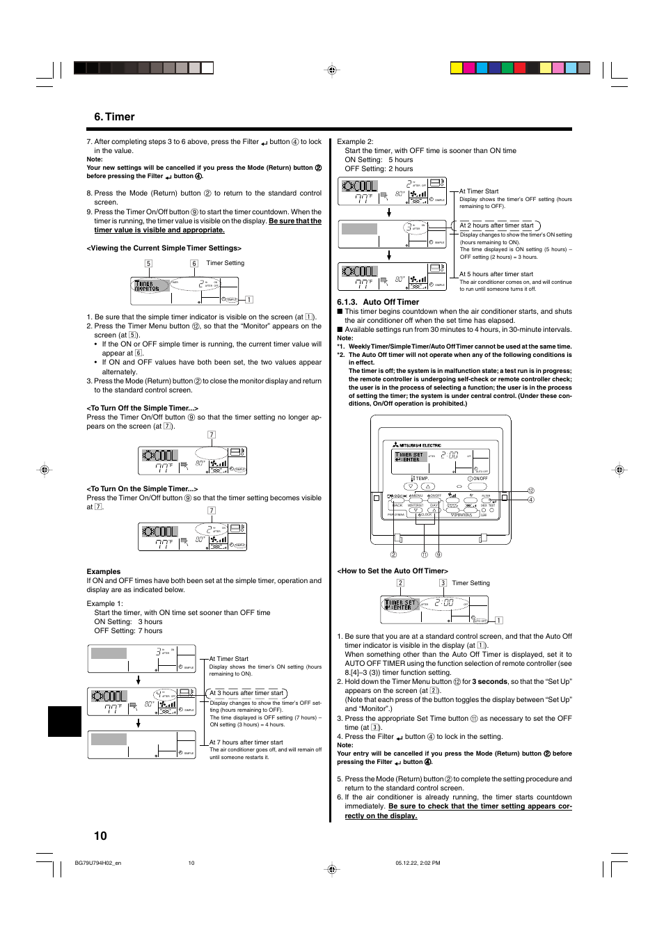 Timer, Auto off timer | MITSUBISHI ELECTRIC PKA-AGAL User Manual | Page 10 / 37