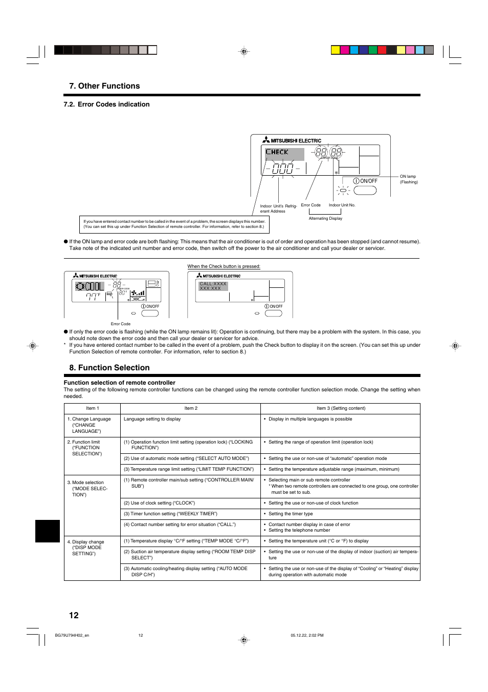 Function selection, Other functions, Error codes indication | MITSUBISHI ELECTRIC PKA-AGAL User Manual | Page 12 / 37