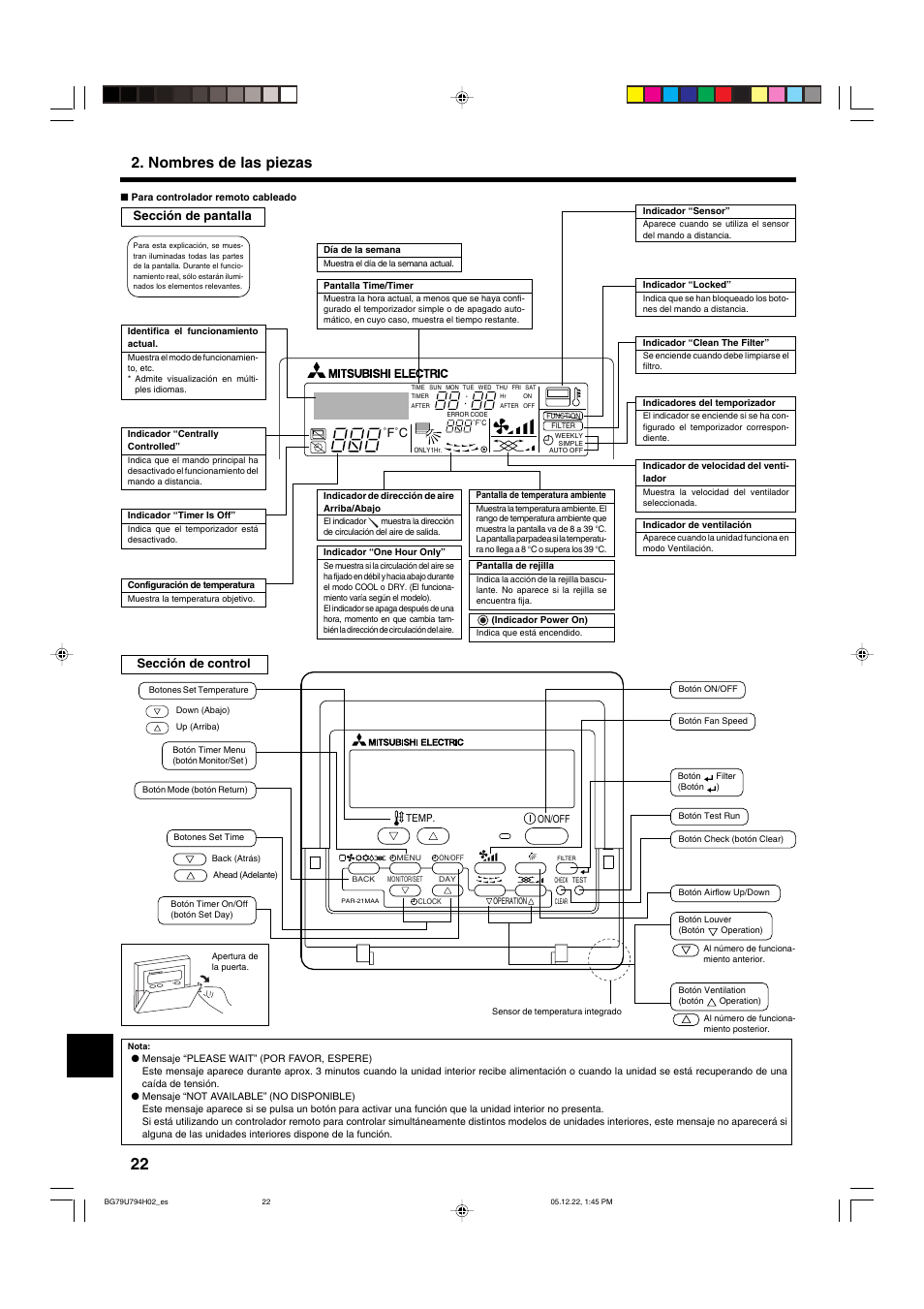 Nombres de las piezas, Sección de pantalla, Sección de control | MITSUBISHI ELECTRIC PKA-AGAL User Manual | Page 22 / 37