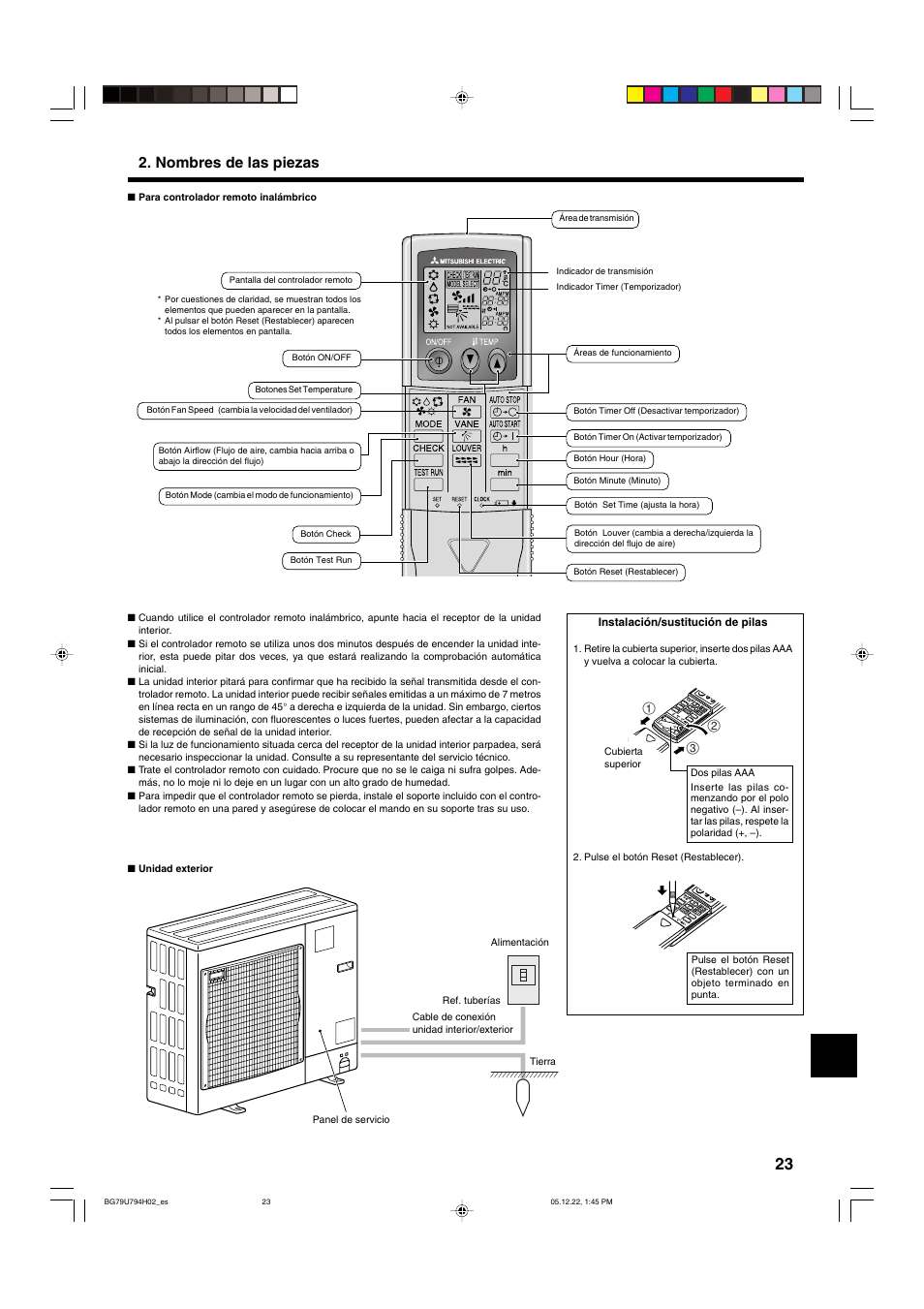 Nombres de las piezas | MITSUBISHI ELECTRIC PKA-AGAL User Manual | Page 23 / 37