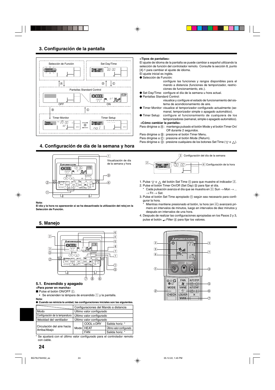 Configuración de día de la semana y hora, Configuración de la pantalla 5. manejo, Encendido y apagado | MITSUBISHI ELECTRIC PKA-AGAL User Manual | Page 24 / 37