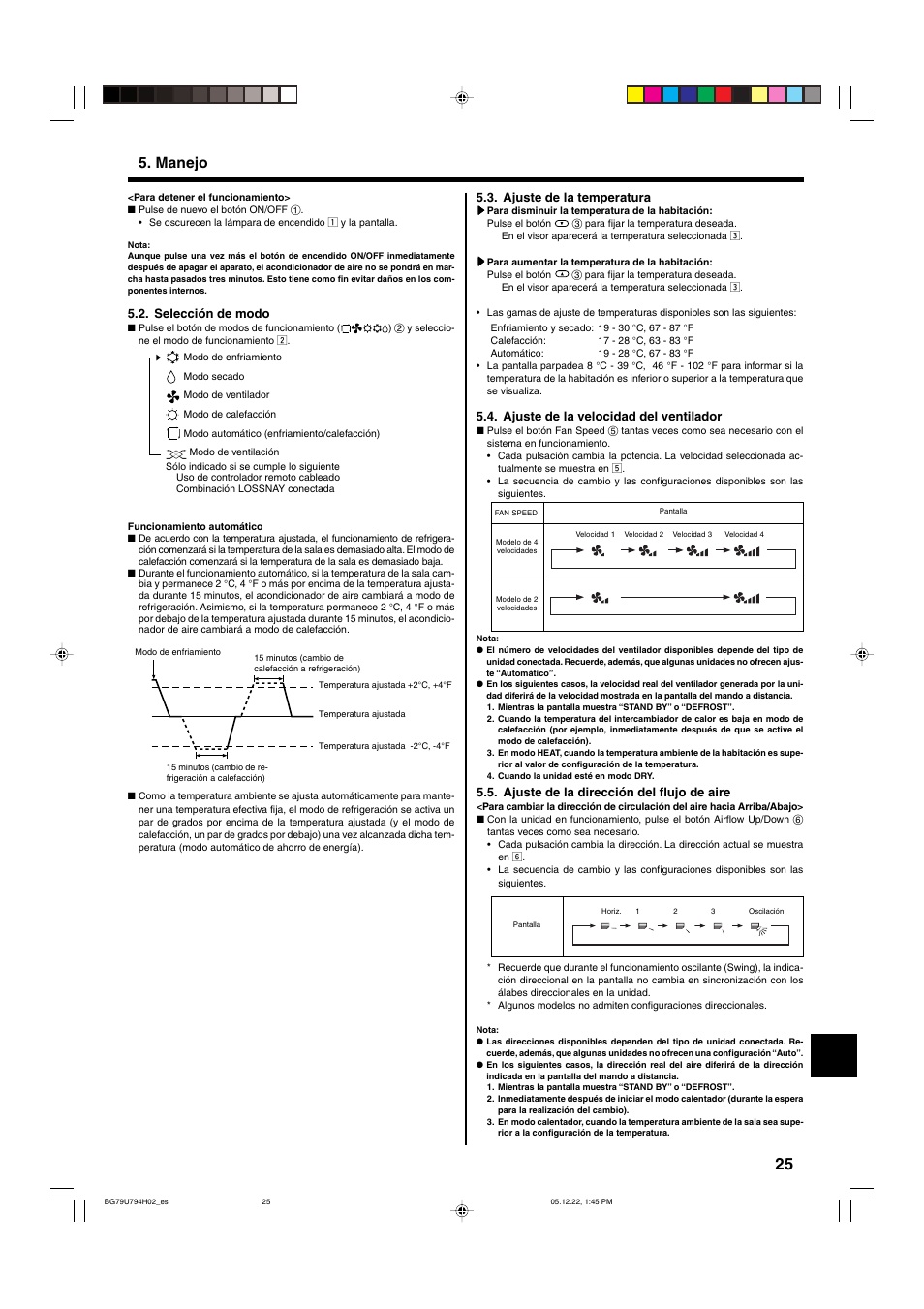 Manejo, Selección de modo, Ajuste de la temperatura | Ajuste de la velocidad del ventilador, Ajuste de la dirección del flujo de aire | MITSUBISHI ELECTRIC PKA-AGAL User Manual | Page 25 / 37