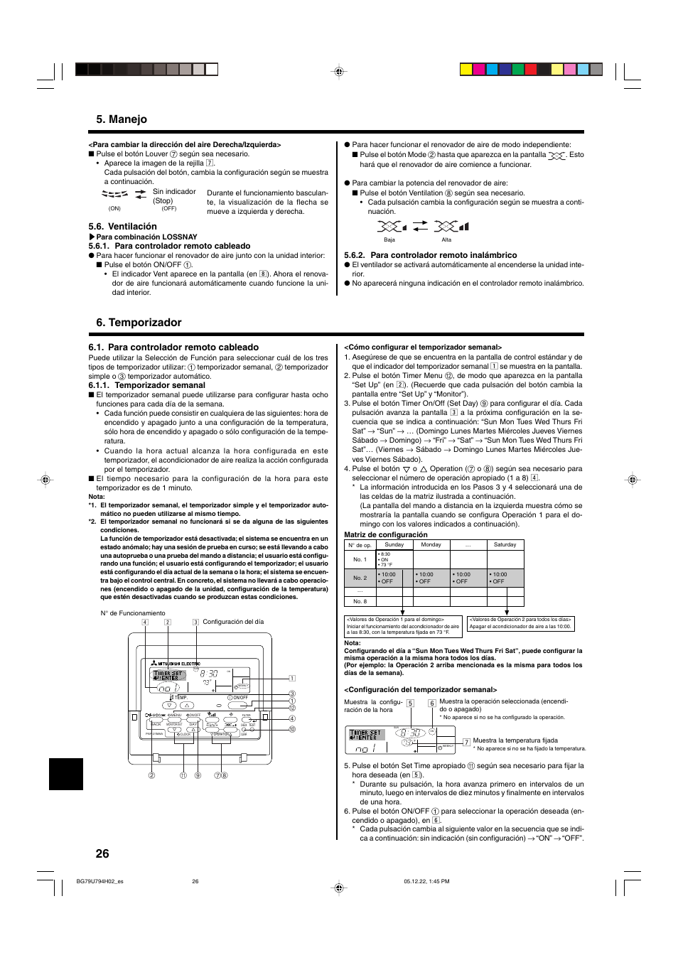 Temporizador 5. manejo, Para controlador remoto cableado, Ventilación | MITSUBISHI ELECTRIC PKA-AGAL User Manual | Page 26 / 37