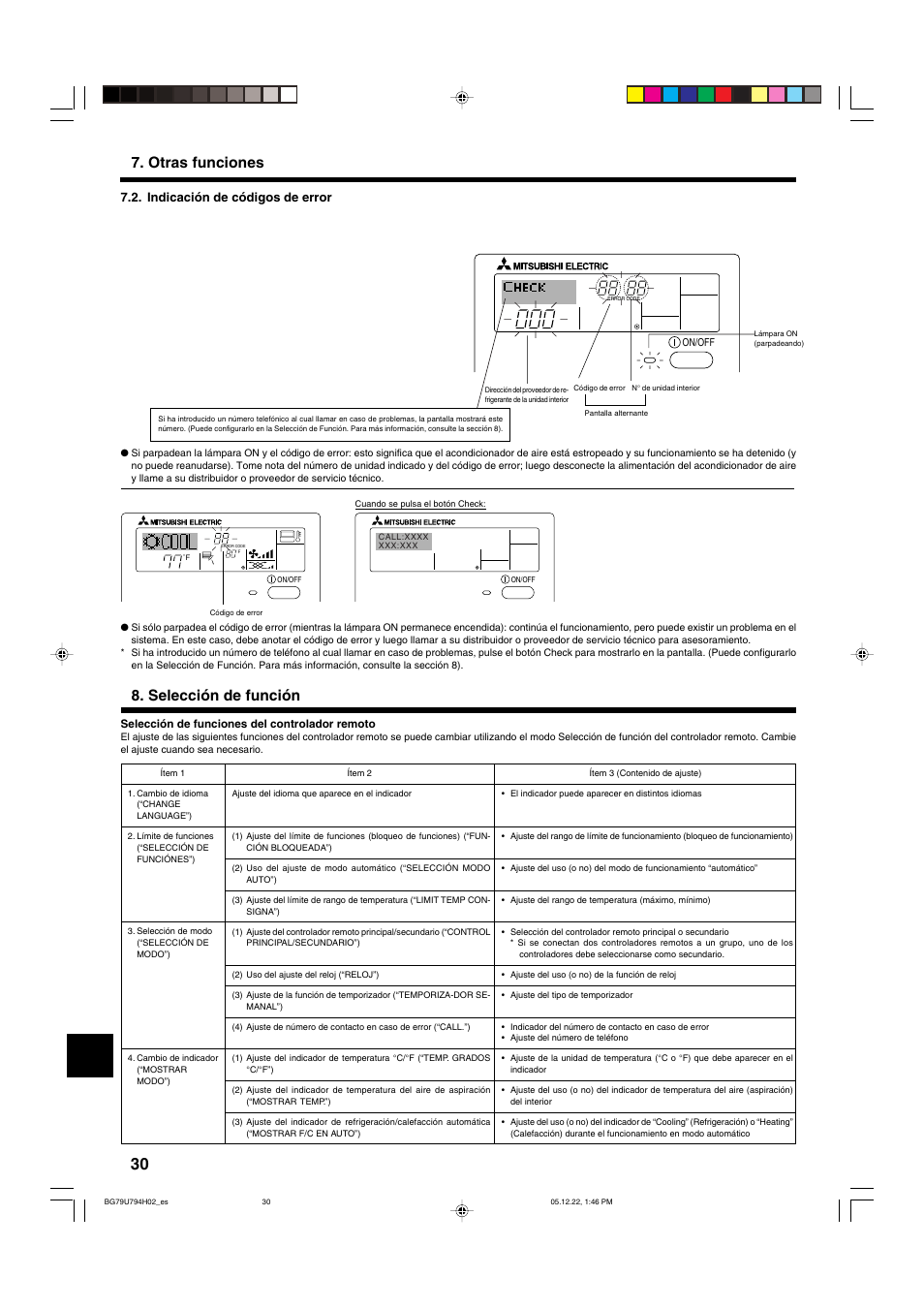 Selección de función, Otras funciones, Indicación de códigos de error | MITSUBISHI ELECTRIC PKA-AGAL User Manual | Page 30 / 37