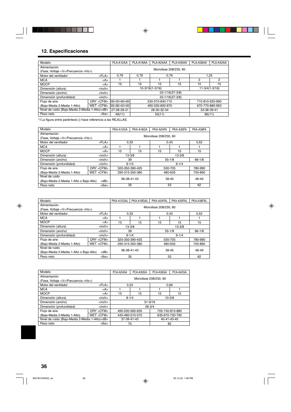 Especificaciones | MITSUBISHI ELECTRIC PKA-AGAL User Manual | Page 36 / 37