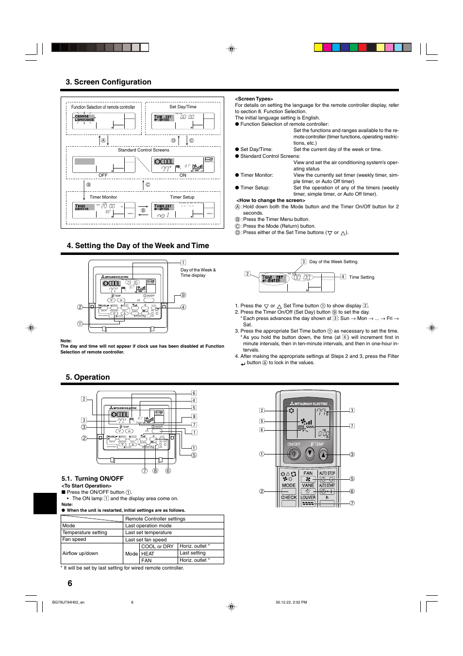 Setting the day of the week and time, Screen configuration 5. operation, Turning on/off | MITSUBISHI ELECTRIC PKA-AGAL User Manual | Page 6 / 37