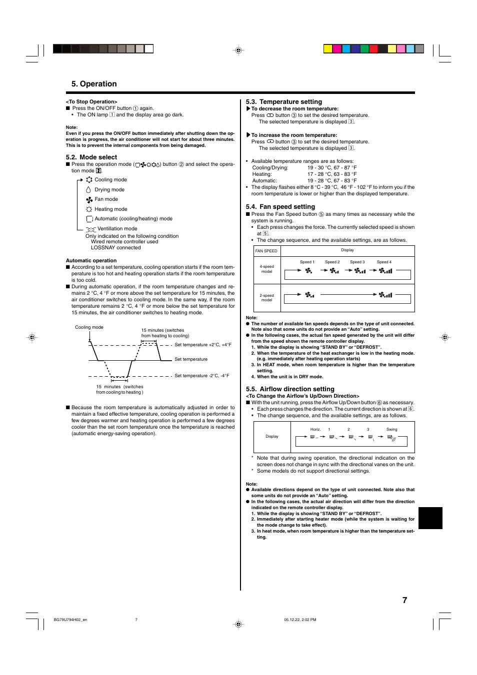 Operation, Mode select, Temperature setting | Fan speed setting, Airflow direction setting | MITSUBISHI ELECTRIC PKA-AGAL User Manual | Page 7 / 37