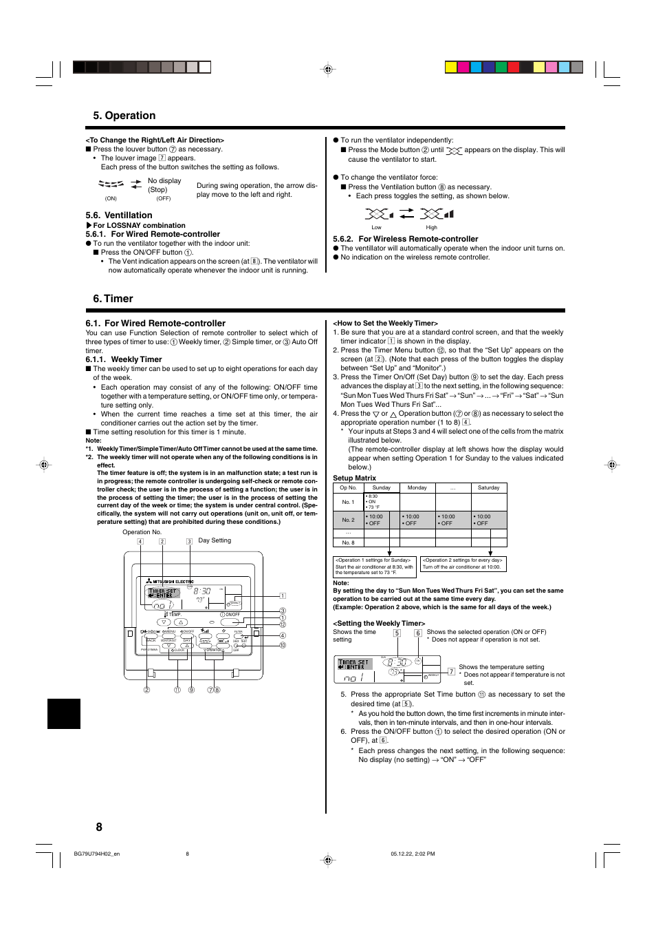 Timer 5. operation, For wired remote-controller, Ventillation | MITSUBISHI ELECTRIC PKA-AGAL User Manual | Page 8 / 37