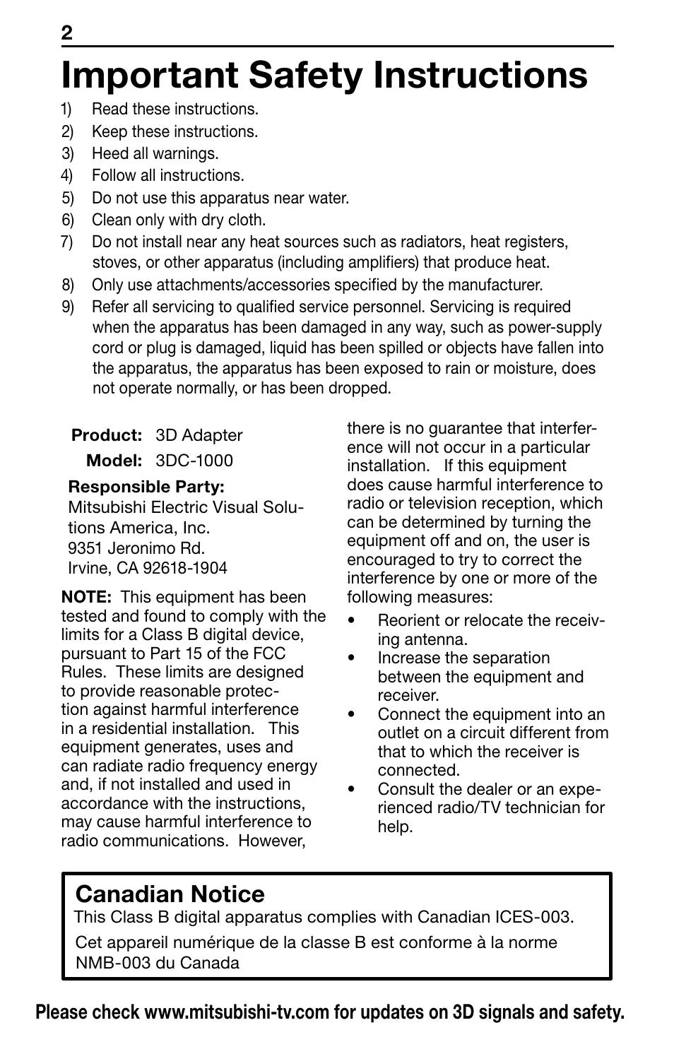 Important safety instructions, Canadian notice | MITSUBISHI ELECTRIC Mitsubishi Electric 3D Starter Pack 3DC-1000 User Manual | Page 2 / 16