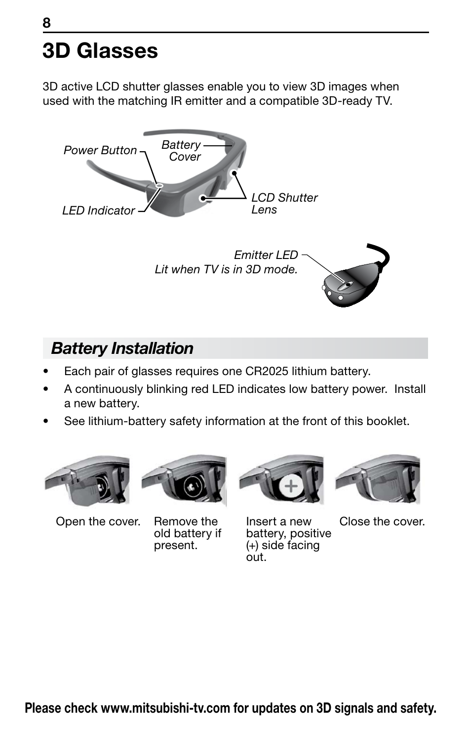 3d glasses, Battery installation | MITSUBISHI ELECTRIC Mitsubishi Electric 3D Starter Pack 3DC-1000 User Manual | Page 8 / 16