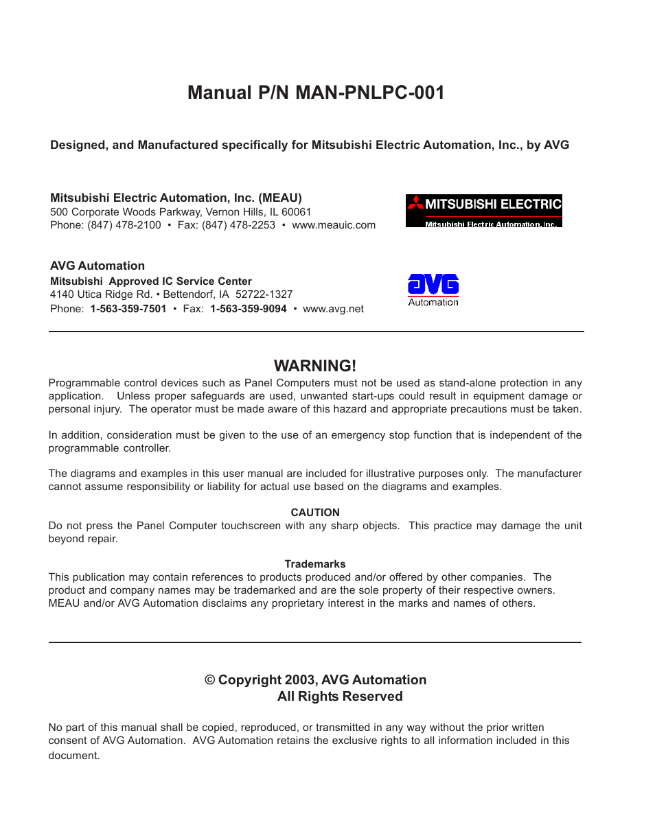 Warning/caution/trademarks/copyright, Manual p/n man-pnlpc-001, Warning | MITSUBISHI ELECTRIC MC 200 User Manual | Page 2 / 30