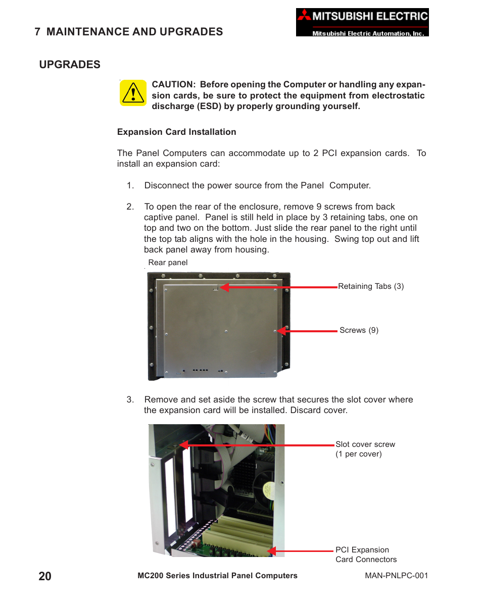 Chapter 7 - maintenance and upgrades, Upgrades - expansion card installation, 7 maintenance and upgrades | Upgrades | MITSUBISHI ELECTRIC MC 200 User Manual | Page 24 / 30