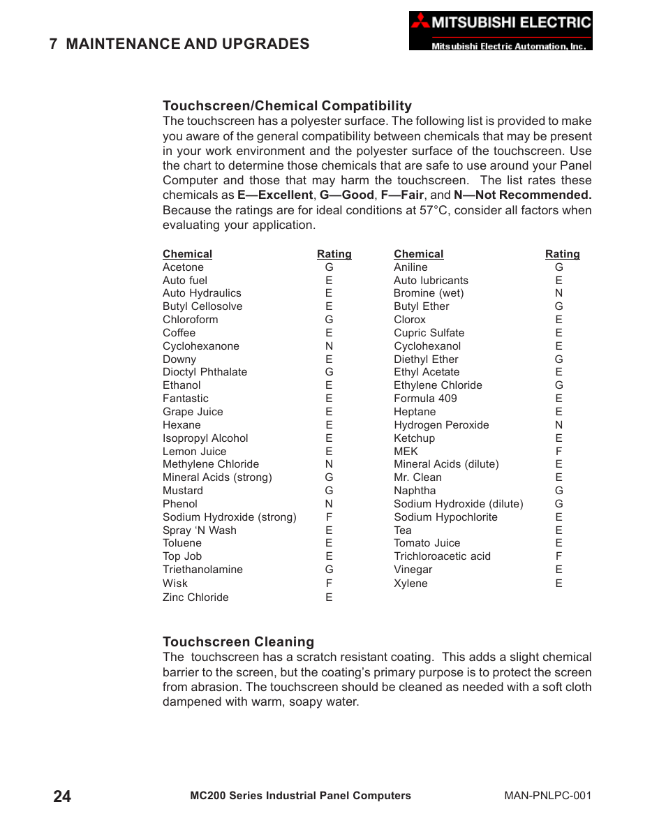 Touchscreen/chemical compatibility, Touchscreen cleaning, 7 maintenance and upgrades | MITSUBISHI ELECTRIC MC 200 User Manual | Page 28 / 30