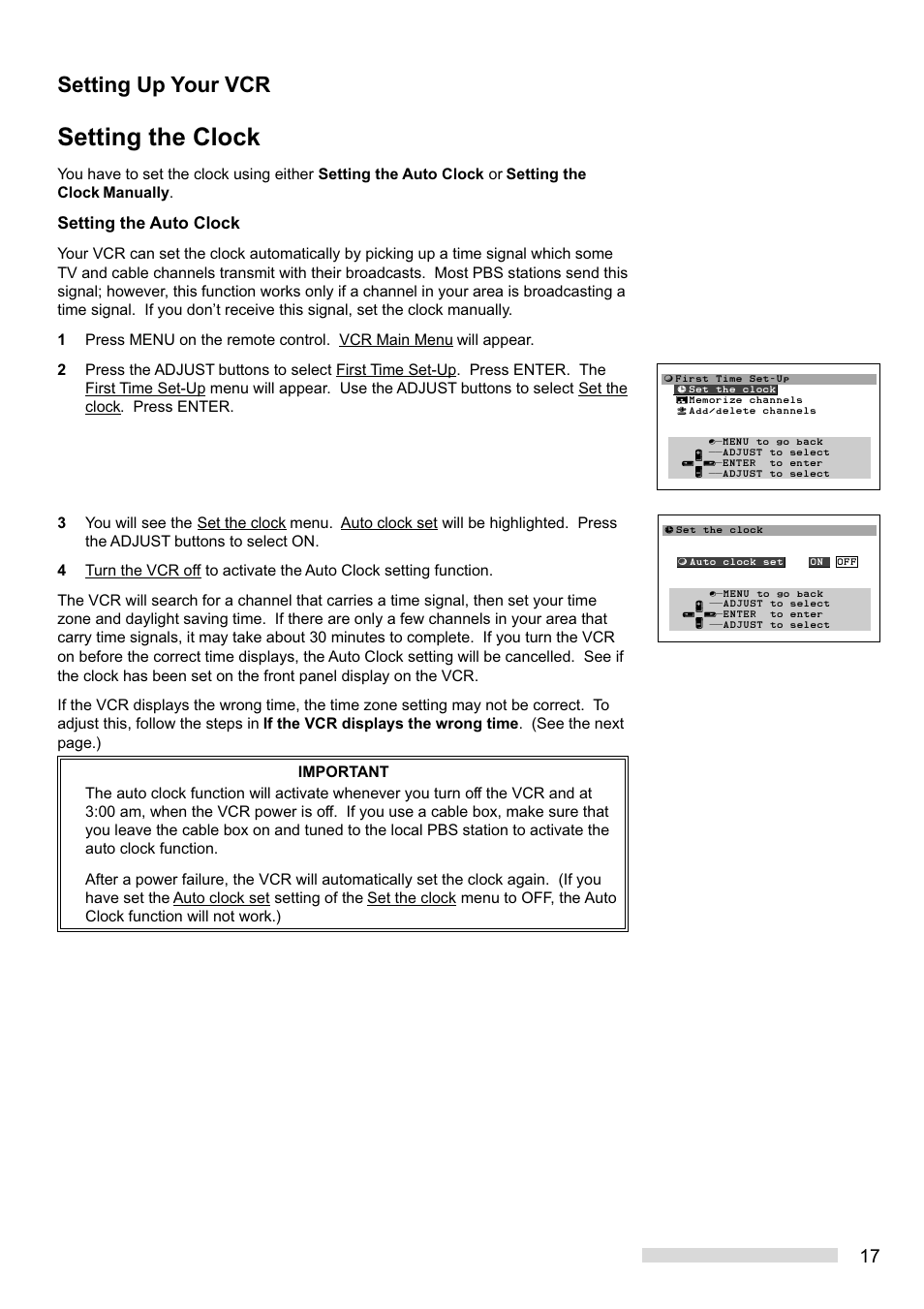 Setting the clock, Setting up your vcr, Setting the auto clock | MITSUBISHI ELECTRIC HS-HD1100U User Manual | Page 19 / 64