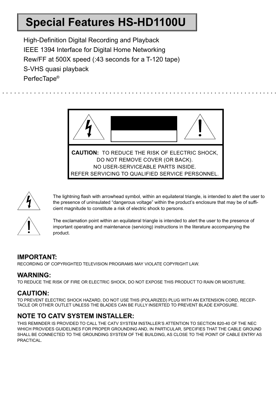 Special features hs-hd1100u, Important, Warning | Caution, Risk of electric shock do not open | MITSUBISHI ELECTRIC HS-HD1100U User Manual | Page 2 / 64