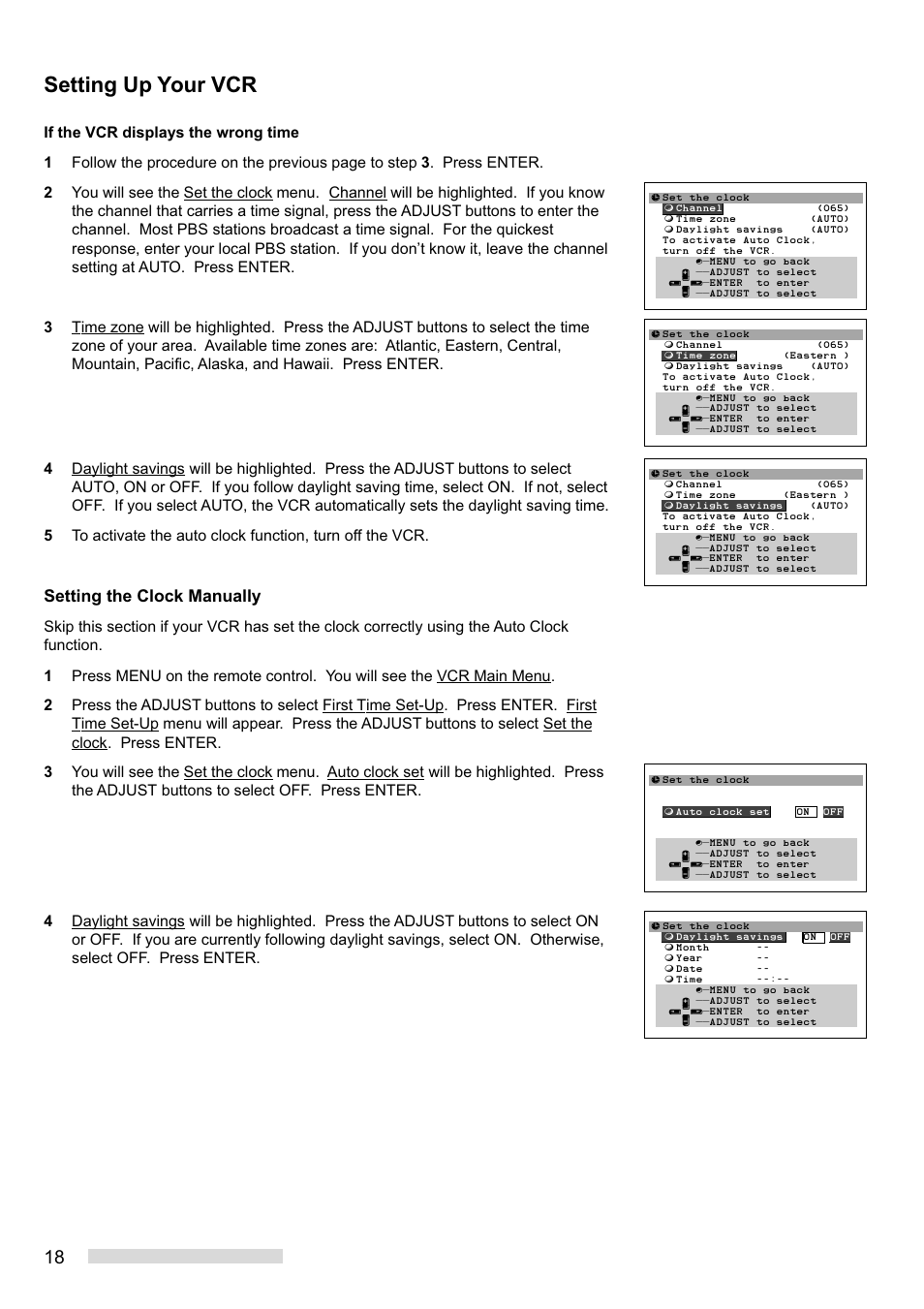 Setting up your vcr, Setting the clock manually | MITSUBISHI ELECTRIC HS-HD1100U User Manual | Page 20 / 64