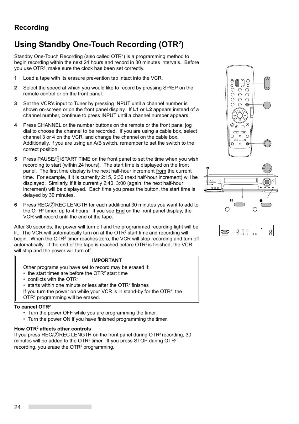 Using standby one-touch recording (otr, Recording | MITSUBISHI ELECTRIC HS-HD1100U User Manual | Page 26 / 64