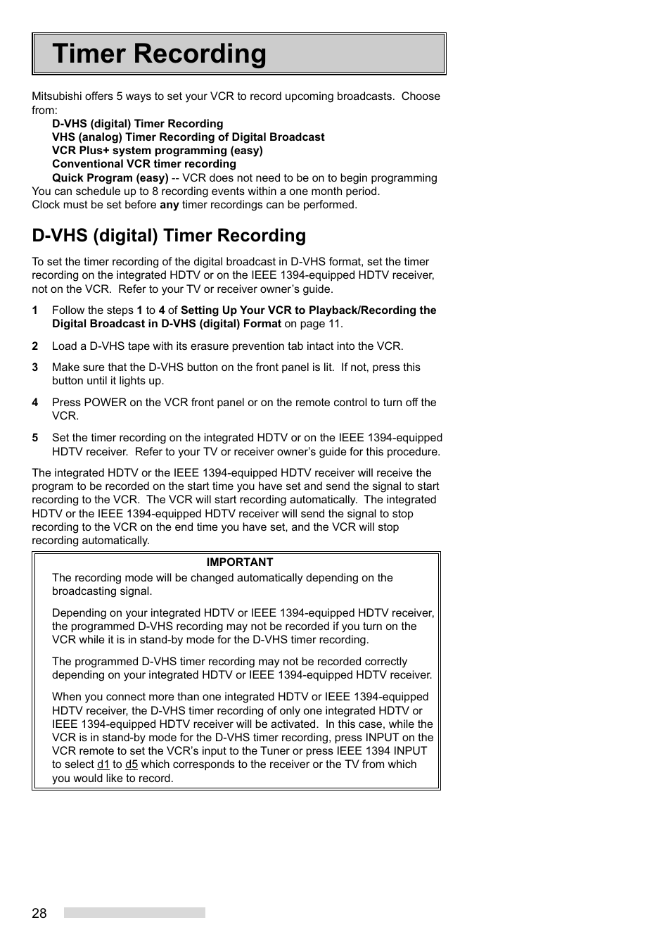 Timer recording, D-vhs (digital) timer recording | MITSUBISHI ELECTRIC HS-HD1100U User Manual | Page 30 / 64