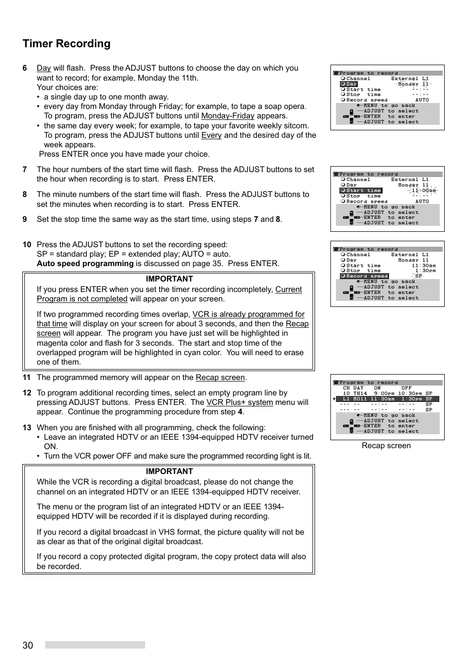 Timer recording, Recap screen | MITSUBISHI ELECTRIC HS-HD1100U User Manual | Page 32 / 64