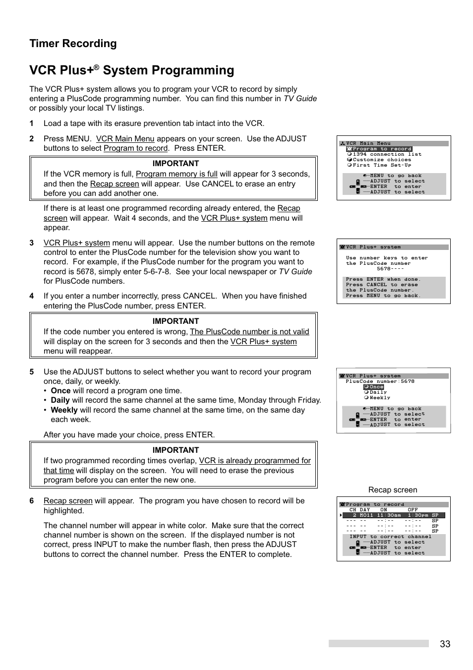 Vcr plus, System programming, Timer recording | Recap screen | MITSUBISHI ELECTRIC HS-HD1100U User Manual | Page 35 / 64