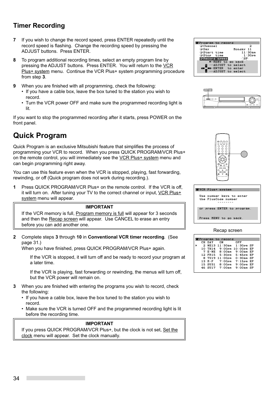 Quick program, Timer recording, Recap screen | MITSUBISHI ELECTRIC HS-HD1100U User Manual | Page 36 / 64