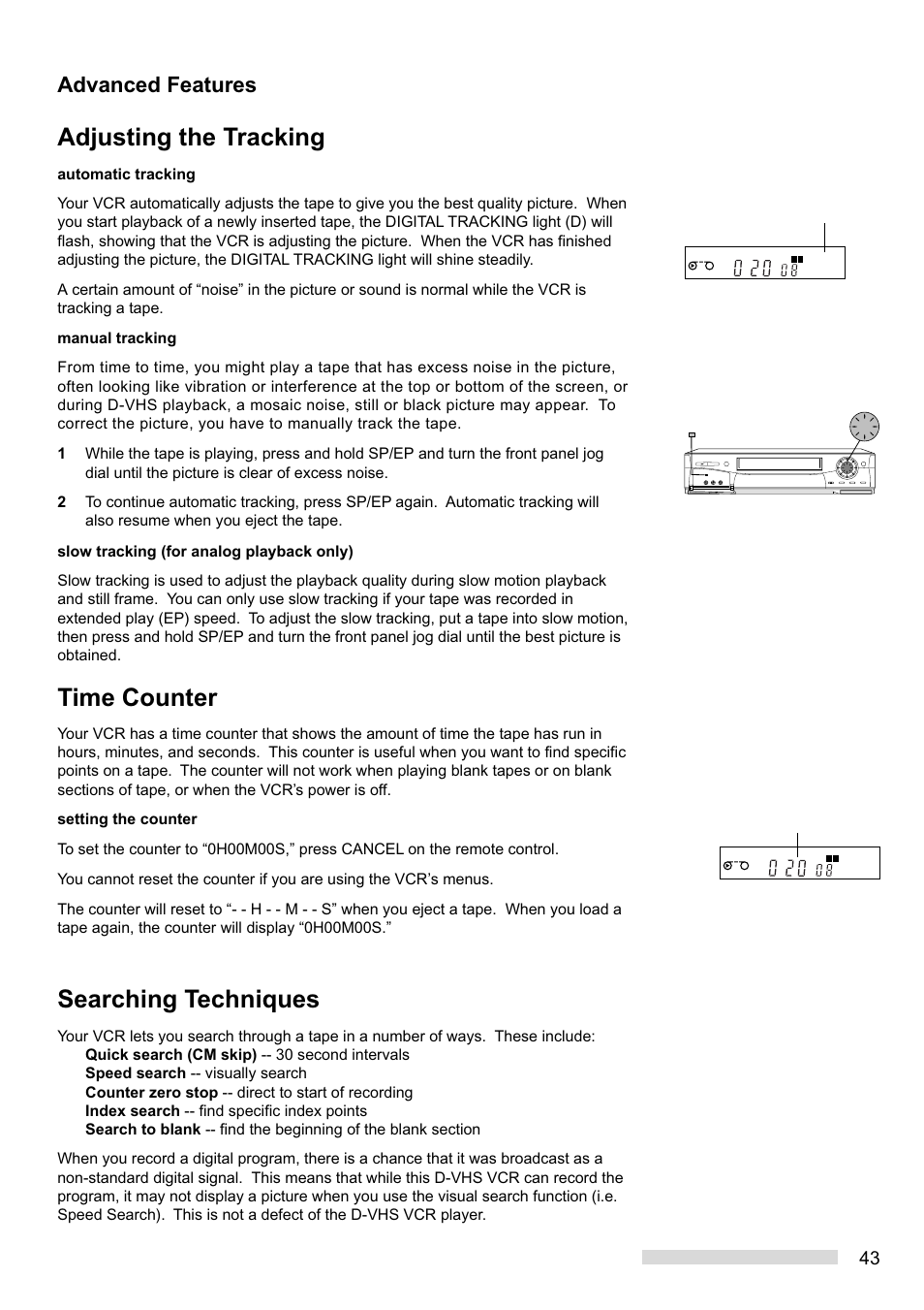 Adjusting the tracking, Time counter, Searching techniques | Advanced features | MITSUBISHI ELECTRIC HS-HD1100U User Manual | Page 45 / 64