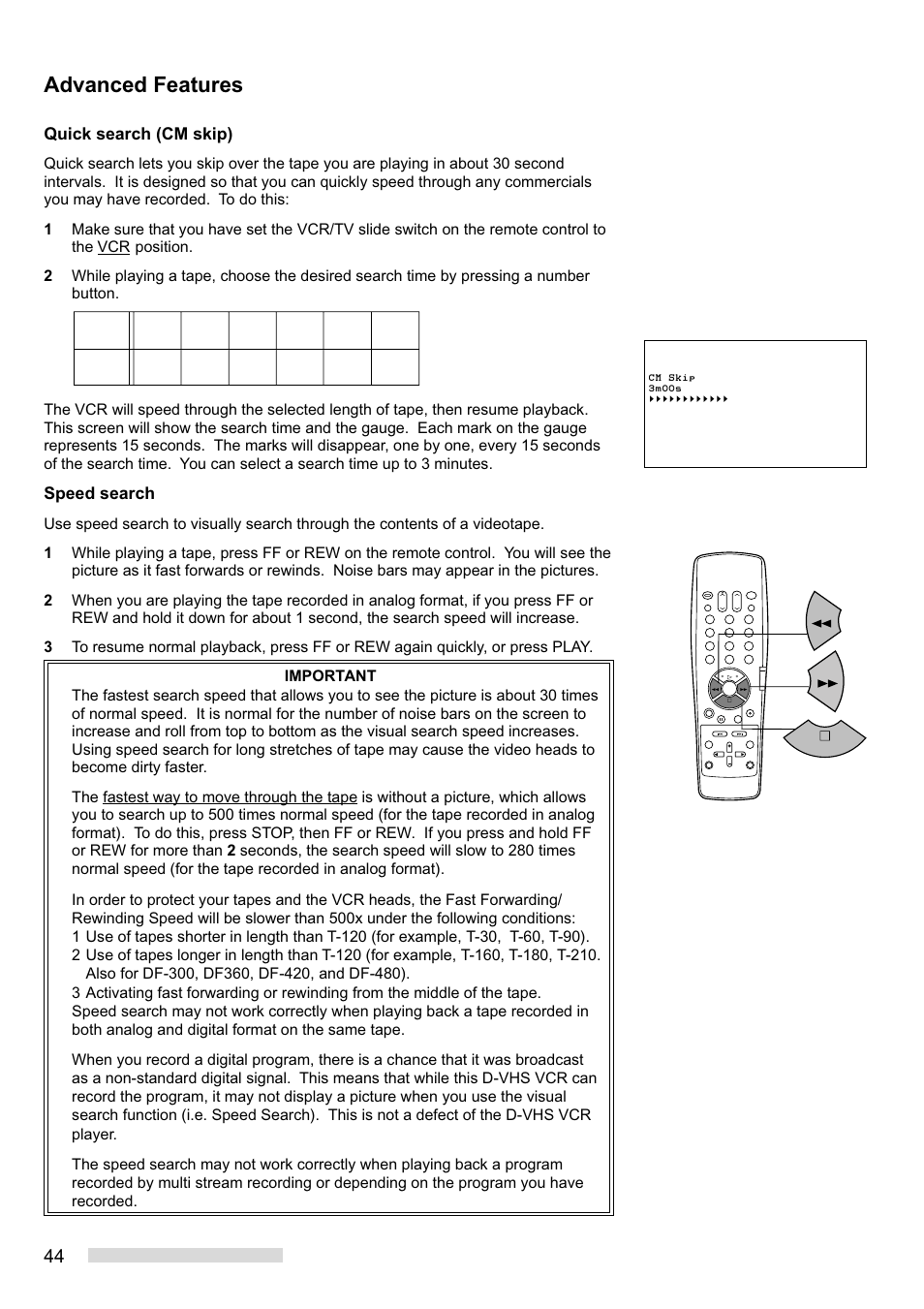 Advanced features, Quick search (cm skip), Speed search | MITSUBISHI ELECTRIC HS-HD1100U User Manual | Page 46 / 64