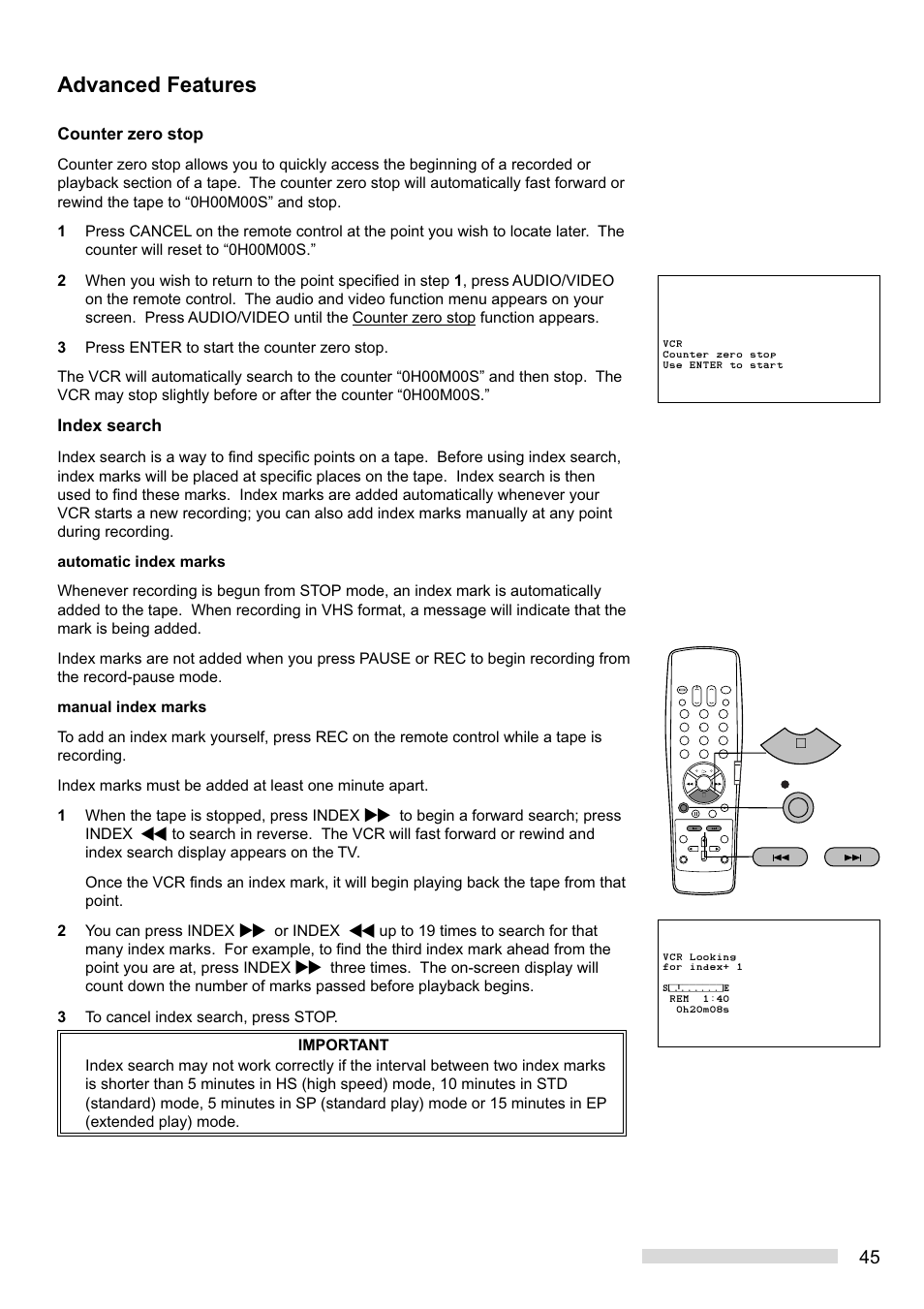 Advanced features, Counter zero stop, Index search | MITSUBISHI ELECTRIC HS-HD1100U User Manual | Page 47 / 64