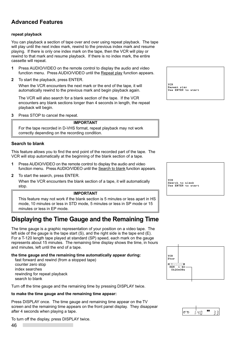 Displaying the time gauge and the remaining time, Advanced features, Search to blank | MITSUBISHI ELECTRIC HS-HD1100U User Manual | Page 48 / 64