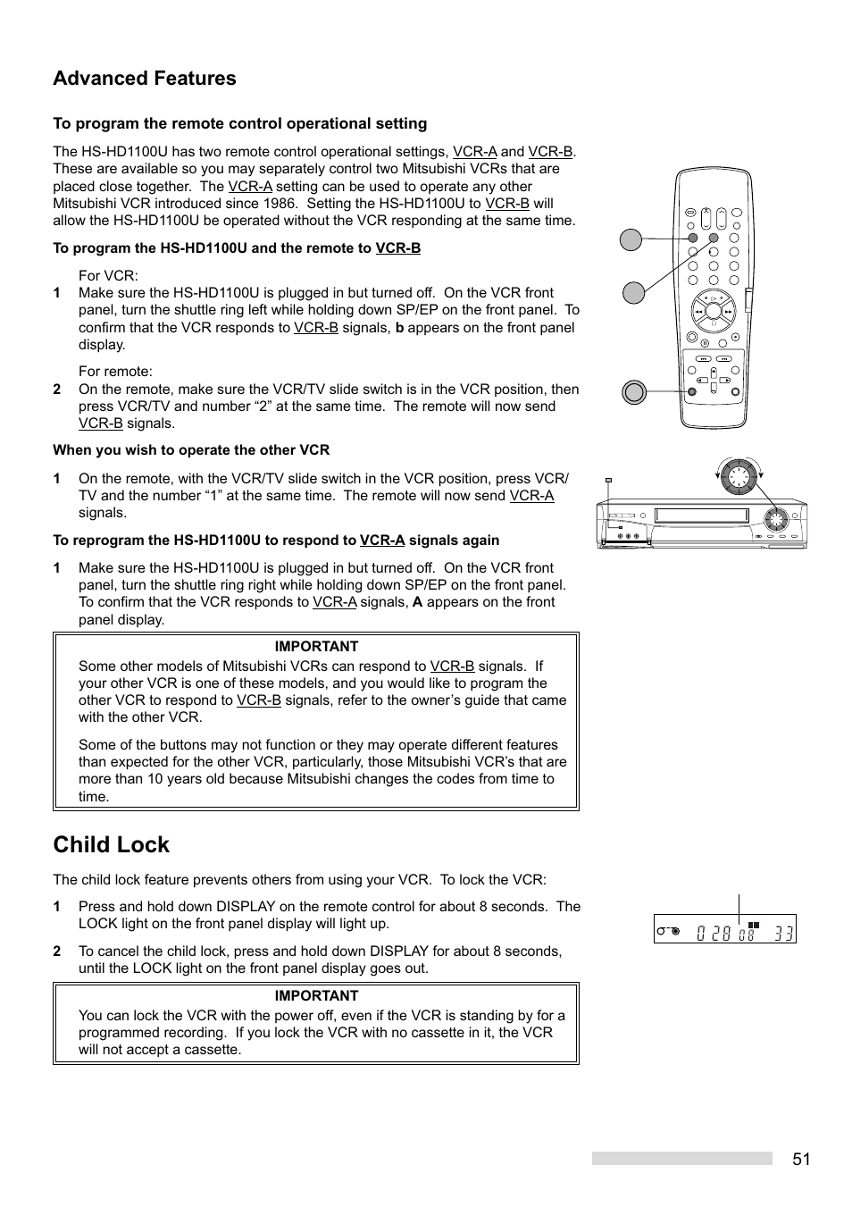 Child lock, Advanced features | MITSUBISHI ELECTRIC HS-HD1100U User Manual | Page 53 / 64
