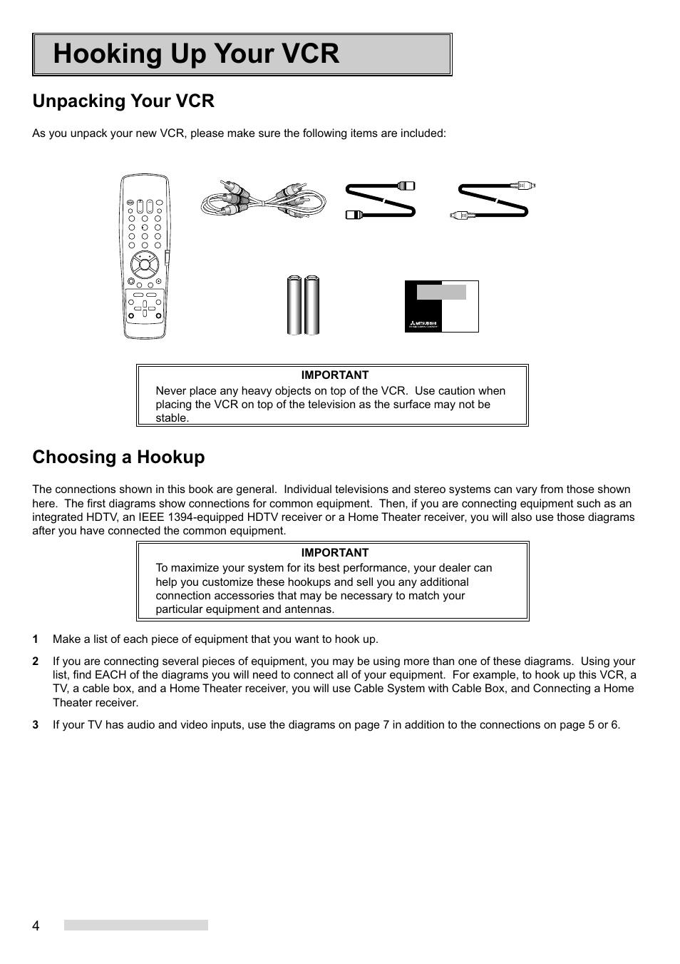 Hooking up your vcr, Unpacking your vcr, Choosing a hookup | MITSUBISHI ELECTRIC HS-HD1100U User Manual | Page 6 / 64