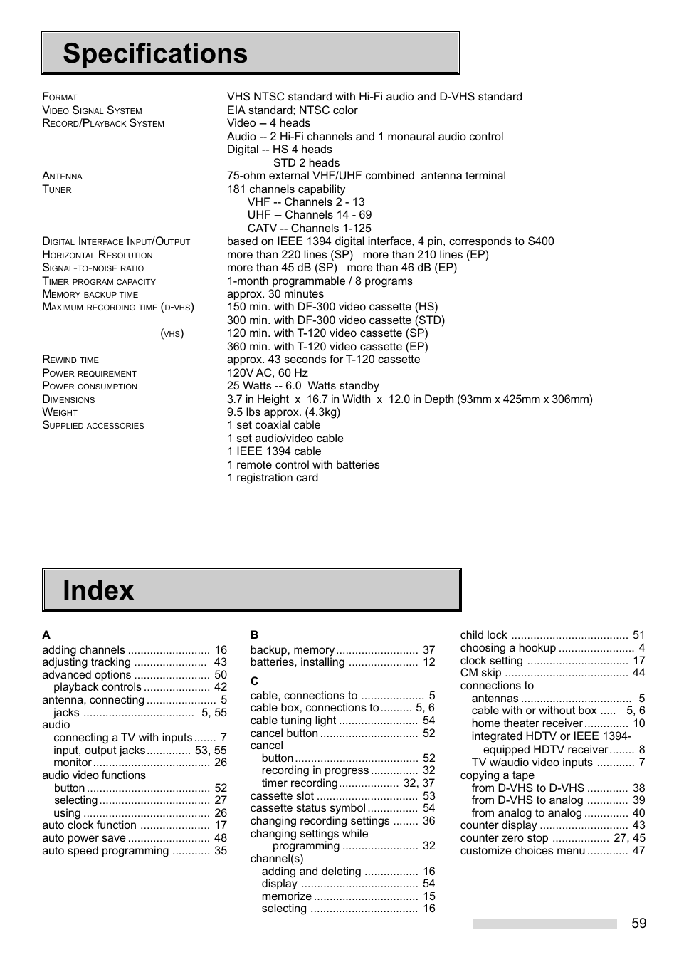 Specifications, Index | MITSUBISHI ELECTRIC HS-HD1100U User Manual | Page 61 / 64