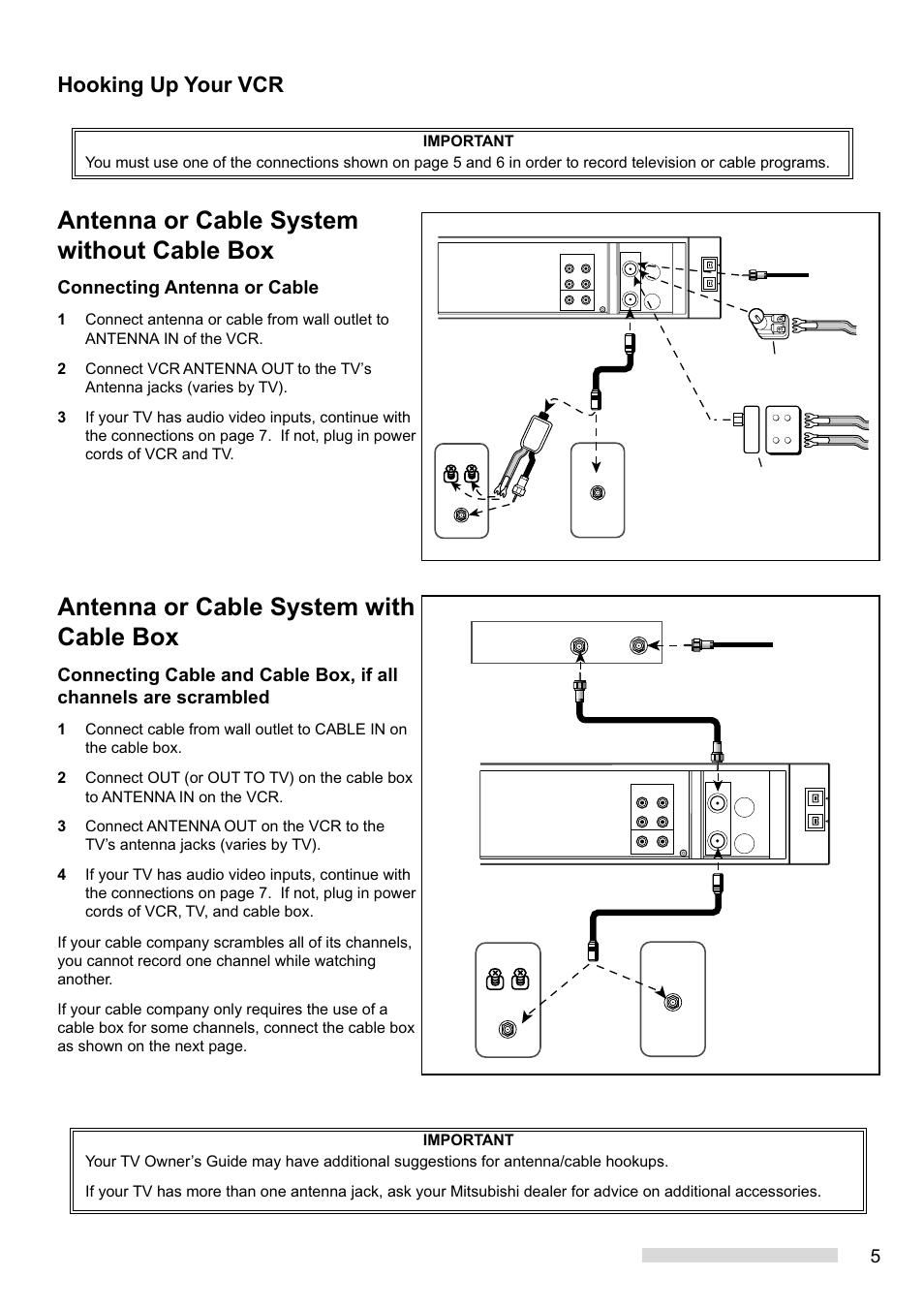 Antenna or cable system without cable box, Antenna or cable system with cable box, Hooking up your vcr | Connecting antenna or cable | MITSUBISHI ELECTRIC HS-HD1100U User Manual | Page 7 / 64