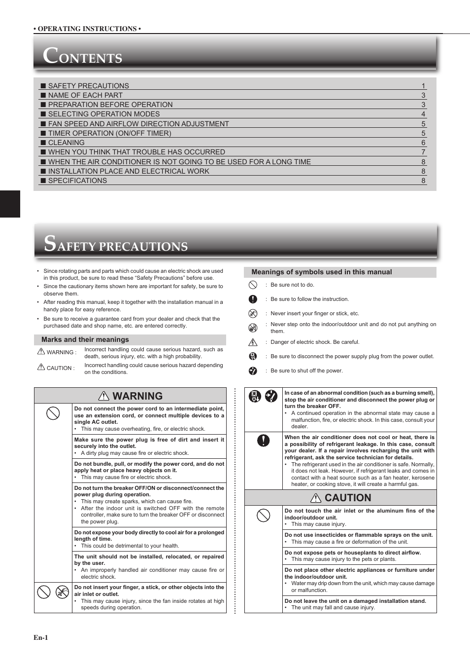 Ontents, Afety precautions, Warning | Caution | MITSUBISHI ELECTRIC MR. SLIM MCF-D24VD User Manual | Page 2 / 18