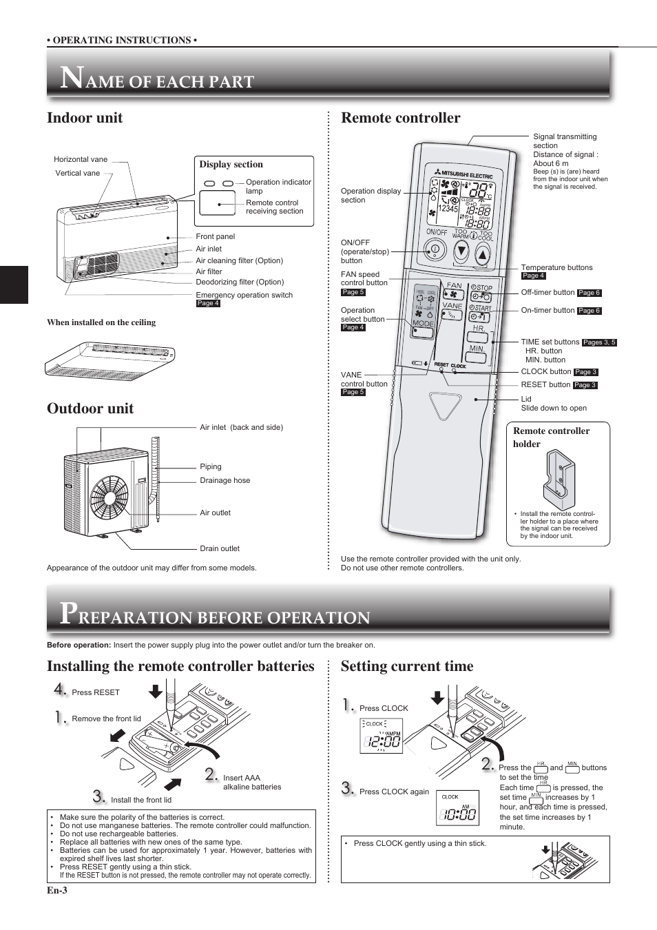 Ame of each part, Reparation before operation 1, Outdoor unit | Indoor unit remote controller | MITSUBISHI ELECTRIC MR. SLIM MCF-D24VD User Manual | Page 4 / 18