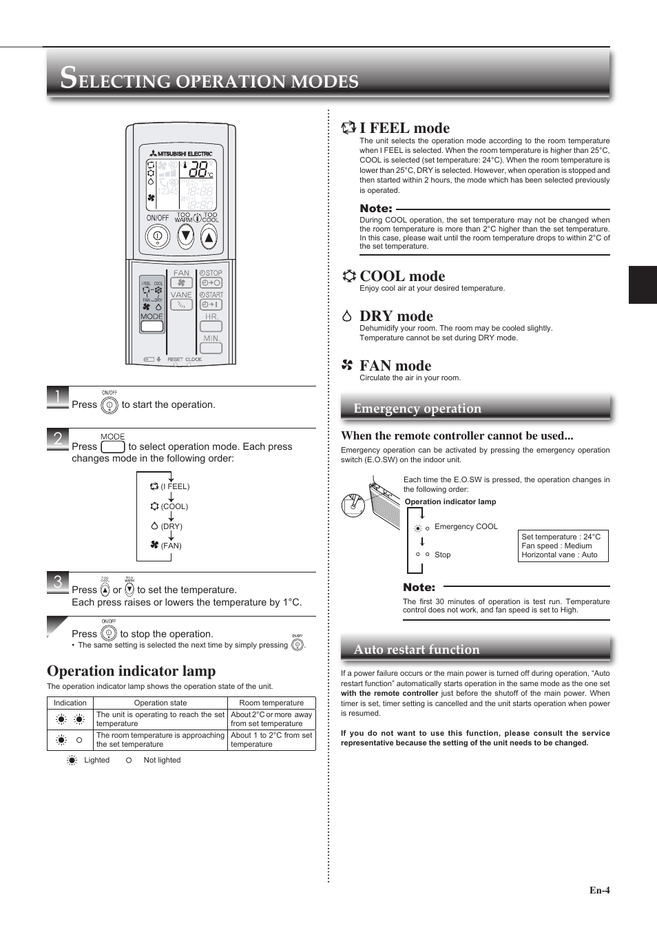 Electing operation modes, I feel mode, Cool mode | Dry mode, Fan mode, Operation indicator lamp, Emergency operation, Auto restart function, When the remote controller cannot be used | MITSUBISHI ELECTRIC MR. SLIM MCF-D24VD User Manual | Page 5 / 18