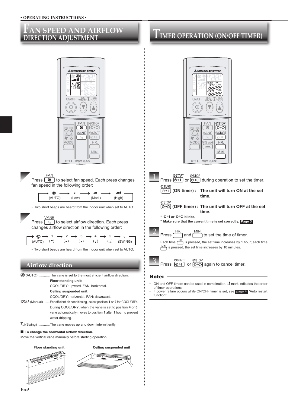 Imer operation (on/off timer) 1, An speed and airflow direction adjustment, Airflow direction | MITSUBISHI ELECTRIC MR. SLIM MCF-D24VD User Manual | Page 6 / 18