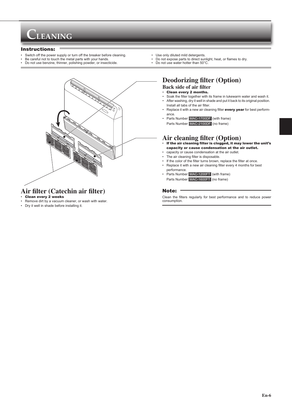 Leaning, Deodorizing ﬁ lter (option), Air cleaning ﬁ lter (option) | Air ﬁ lter (catechin air ﬁ lter), Back side of air ﬁ lter, Instructions | MITSUBISHI ELECTRIC MR. SLIM MCF-D24VD User Manual | Page 7 / 18