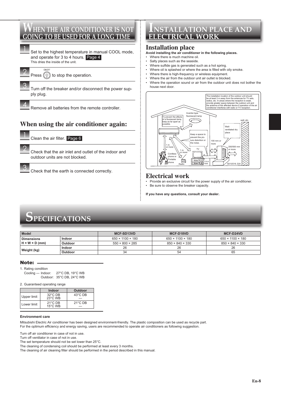 Nstallation place and electrical work, Pecifications, Installation place | Electrical work, When using the air conditioner again | MITSUBISHI ELECTRIC MR. SLIM MCF-D24VD User Manual | Page 9 / 18