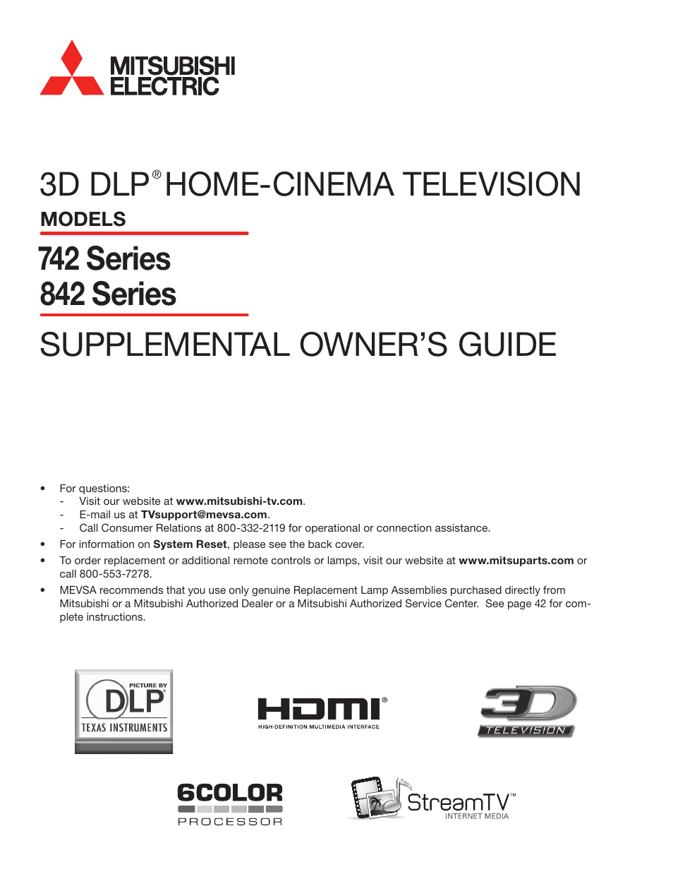 MITSUBISHI ELECTRIC 3D DLP HOME-CINEMA TELEVISION SERIES 742 User Manual | 62 pages