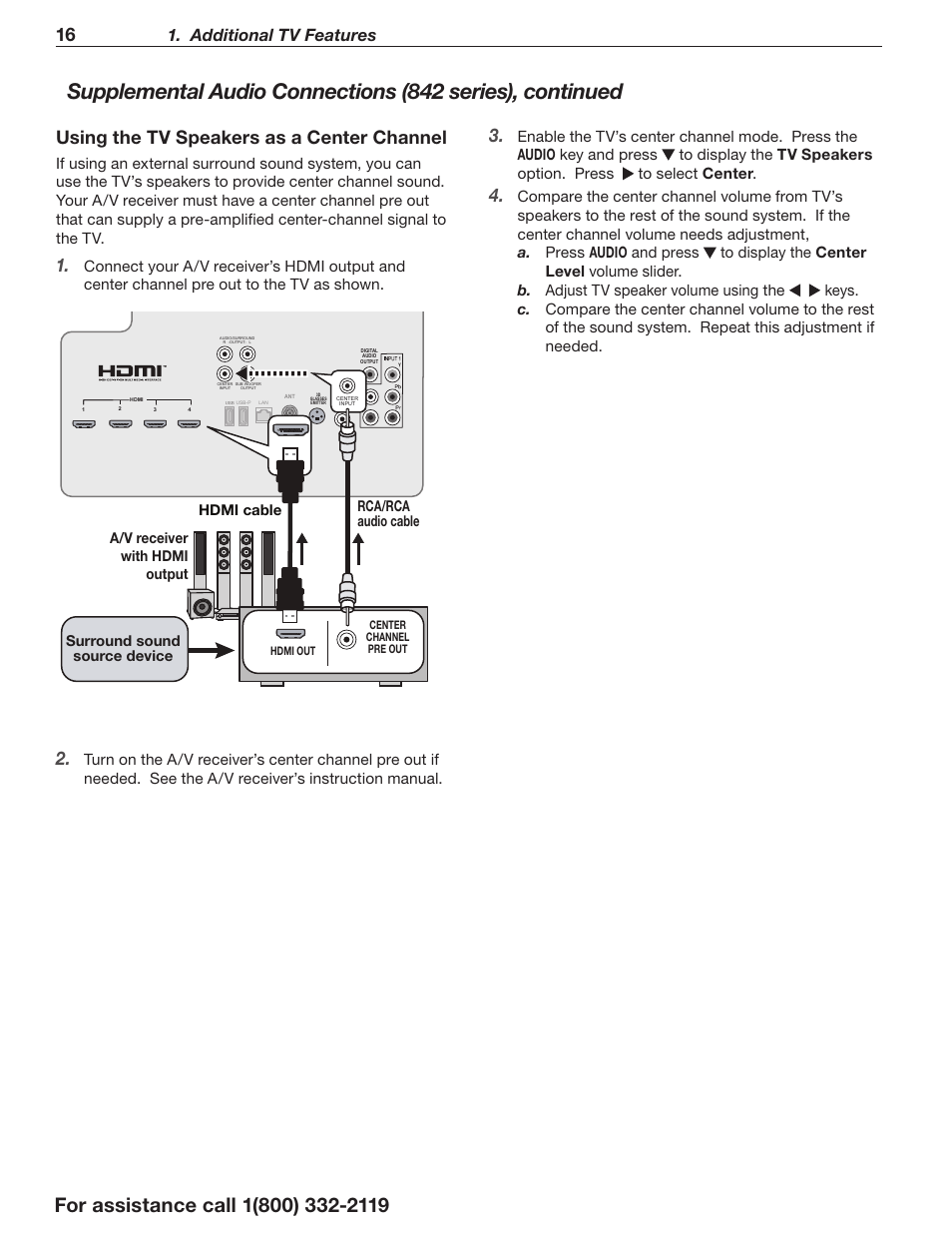 Using the tv speakers as a center channel, Additional tv features, Surround sound source device | MITSUBISHI ELECTRIC 3D DLP HOME-CINEMA TELEVISION SERIES 742 User Manual | Page 16 / 62