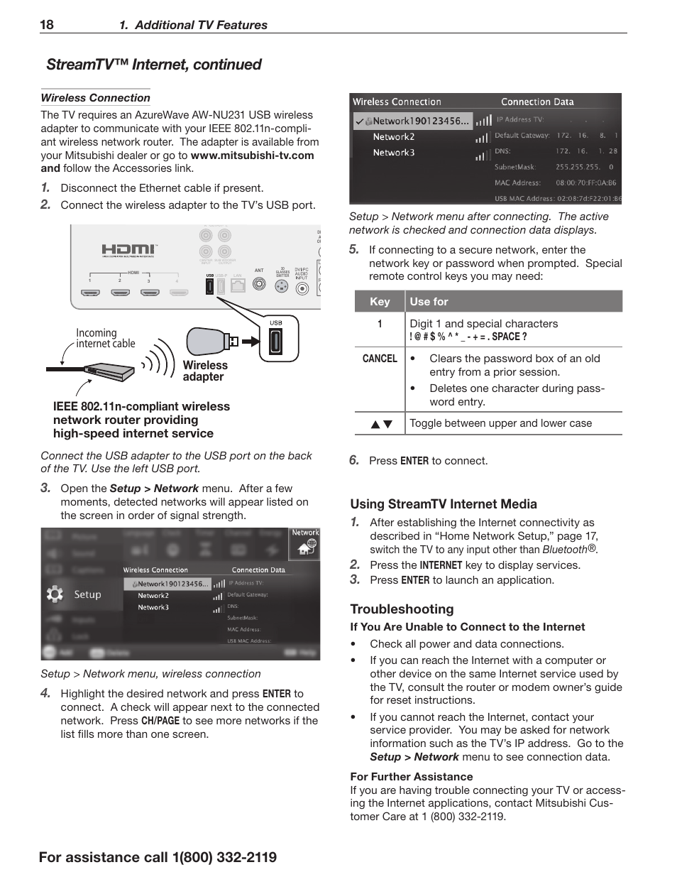 Streamtv™ internet, continued, Using streamtv internet media 1, Troubleshooting | Additional tv features | MITSUBISHI ELECTRIC 3D DLP HOME-CINEMA TELEVISION SERIES 742 User Manual | Page 18 / 62