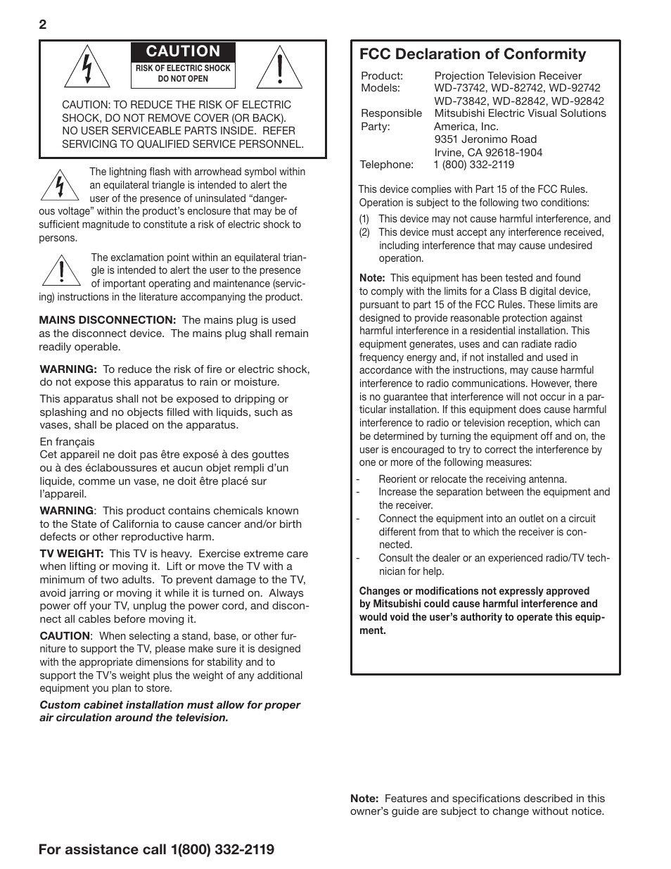 Caution, Fcc declaration of conformity | MITSUBISHI ELECTRIC 3D DLP HOME-CINEMA TELEVISION SERIES 742 User Manual | Page 2 / 62