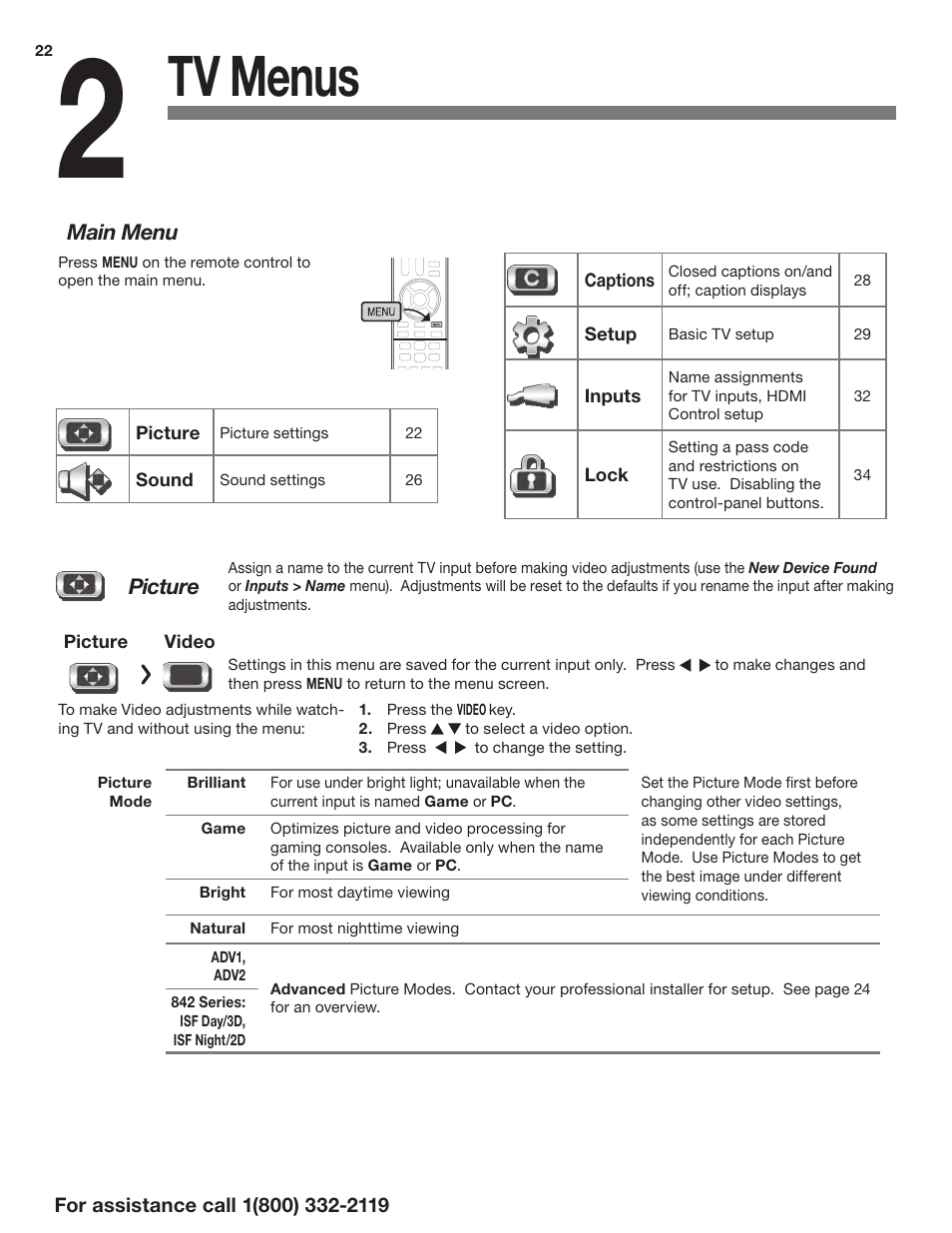 Tv menus | MITSUBISHI ELECTRIC 3D DLP HOME-CINEMA TELEVISION SERIES 742 User Manual | Page 22 / 62